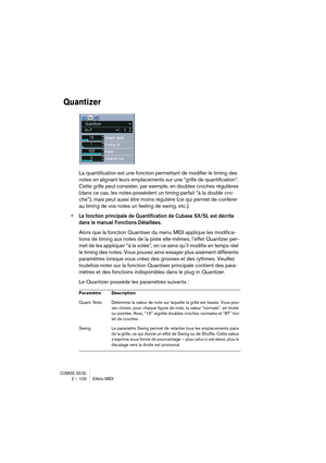 Page 100CUBASE SX/SL2 – 100 Effets MIDI
Quantizer
La quantification est une fonction permettant de modifier le timing des 
notes en alignant leurs emplacements sur une “grille de quantification”. 
Cette grille peut consister, par exemple, en doubles croches régulières 
(dans ce cas, les notes possèdent un timing parfait “à la double cro-
che”), mais peut aussi être moins régulière (ce qui permet de conférer 
au timing de vos notes un feeling de swing, etc.).
• La fonction principale de Quantification de Cubase...