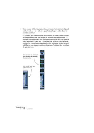 Page 218CUBASE SX/SL
10 – 218 La console
•Vous pouvez afficher ou cacher les panneaux d’extension en cliquant 
sur les boutons + et – situés à gauche de chaque section dans le 
panneau commun. 
Le panneau des faders contient les contrôles de base – faders, contrô-
les de panoramique et une rangée de boutons verticale associée. Le 
panneau d’extension peut être configuré pour afficher l’EQ, des départs 
effets, les effets d’insert, etc. Le panneau des réglages d’entrée/sortie 
contient les menus locaux...