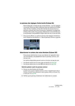 Page 219CUBASE SX/SL
La console 10 – 219
Le panneau des réglages d’entre/sortie (Cubase SL)
Dans Cubase SL il n’existe pas de console étendue – tous les réglages 
concernant l’EQ et les effets s’effectuent dans les fenêtres de Configu-
ration de Voie. Toutefois, en haut des tranches de voie se trouve un 
panneau contenant des menus locaux pour l’assignation (routage) des 
entrées et des sorties. Vous pouvez y sélectionner un bus d’entrée pour 
la voie (lorsque c’est possible) et diriger cette voie vers un bus de...