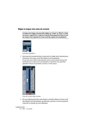 Page 222CUBASE SX/SL
10 – 222 La console
Régler la largeur des voies de console
La largeur de chaque voie peut être réglée sur “Large” ou “Étroit”, à l’aide 
du bouton Large/Étroit. Il s’agit de la double flèche gauche/droite en haut 
de chaque voie (à gauche du menu local des options de visualisation).
Le bouton Large/Étroit.
•Les voies de console étroites contiennent un fader étroit, des boutons 
miniatures et le menu local des Options de Visualisation 
Si vous avez choisi d’afficher des paramètres dans la...