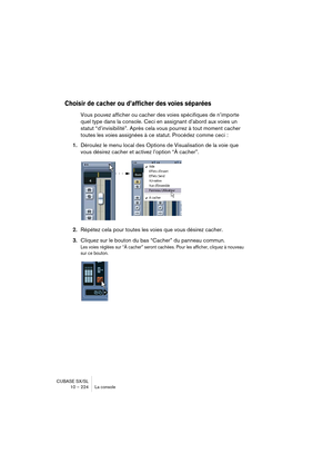 Page 224CUBASE SX/SL
10 – 224 La console
Choisir de cacher ou d’afficher des voies séparées
Vous pouvez afficher ou cacher des voies spécifiques de n’importe 
quel type dans la console. Ceci en assignant d’abord aux voies un 
statut “d’invisibilité”. Après cela vous pourrez à tout moment cacher 
toutes les voies assignées à ce statut. Procédez comme ceci :
1.Déroulez le menu local des Options de Visualisation de la voie que 
vous désirez cacher et activez l’option “À cacher”.
2.Répétez cela pour toutes les voies...