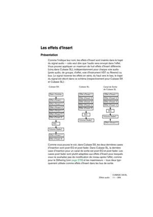 Page 269CUBASE SX/SL
Effets audio11 – 269
Les effets d’Insert
Présentation
Comme l’indique leur nom, les effets d’Insert sont insérés dans le trajet 
du signal audio – cela veut dire que l’audio sera envoyé dans l’effet. 
Vous pouvez appliquer un maximum de huit effets d’Insert différents 
(cinq dans Cubase SL), indépendamment pour chaque voie audio 
(piste audio, de groupe, d’effet, voie d’Instrument VST ou Rewire) ou 
bus. Le signal traverse les effets en série, du haut vers le bas, le trajet 
du signal est...