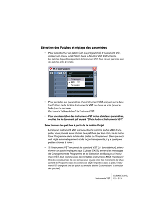 Page 313CUBASE SX/SL
Instruments VST 12 – 313
Sélection des Patches et réglage des paramètres
•Pour sélectionner un patch (son ou programme) d’instrument VST, 
utilisez son menu local Patch dans la fenêtre VST Instruments.
Les patches disponibles dépendent de l’instrument VST. Tous ne sont pas livrés avec 
des patches prêts à l’emploi.
•Pour accéder aux paramètres d’un instrument VST, cliquez sur le bou-
ton Édition de la fenêtre Instruments VST ou dans sa voie (sous le 
fader) sur la console.
Ceci ouvre le...