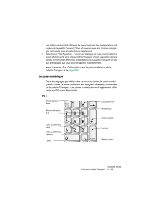 Page 33CUBASE SX/SL
Lecture et palette Transport 3 – 33
• Les options de la moitié inférieure du menu local sont des configurations pré-
réglées de la palette Transport. Vous y trouverez aussi vos propres prérégla-
ges mémorisés, pour les sélectionner rapidement. 
• Sélectionner “Configuration…” ouvrira un dialogue où vous pourrez définir le 
statut affiché/caché pour chaque élément séparé, choisir sa position dans la 
palette et mémoriser différentes présentations de la palette Transport en tant 
que...