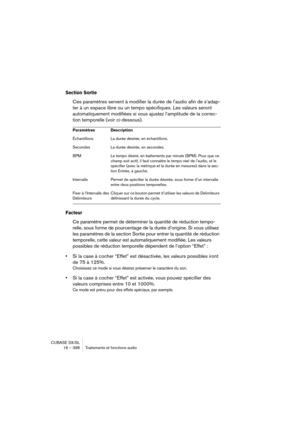 Page 398CUBASE SX/SL
16 – 398 Traitements et fonctions audio
Section Sortie 
Ces paramètres servent à modifier la durée de l’audio afin de s’adap-
ter à un espace libre ou un tempo spécifiques. Les valeurs seront 
automatiquement modifiées si vous ajustez l’amplitude de la correc-
tion temporelle (voir ci-dessous).
Facteur
Ce paramètre permet de déterminer la quantité de réduction tempo-
relle, sous forme de pourcentage de la durée d’origine. Si vous utilisez 
les paramètres de la section Sortie pour entrer la...