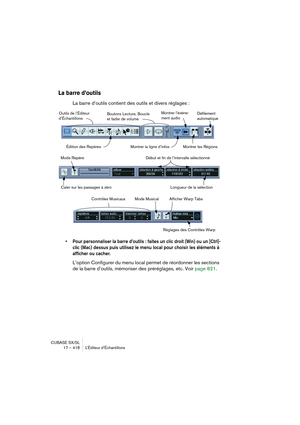 Page 418CUBASE SX/SL
17 – 418 L’Éditeur d’Échantillons
La barre d’outils
La barre d’outils contient des outils et divers réglages :
• Pour personnaliser la barre d’outils : faites un clic droit (Win) ou un [Ctrl]-
clic (Mac) dessus puis utilisez le menu local pour choisir les éléments à 
afficher ou cacher.
L’option Configurer du menu local permet de réordonner les sections 
de la barre d’outils, mémoriser des préréglages, etc. Voir page 821.
Outils de l’Éditeur 
d’ÉchantillonsBoutons Lecture, Boucle 
et fader...