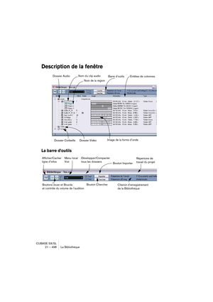 Page 498CUBASE SX/SL
21 – 498 La Bibliothèque
Description de la fenêtre
La barre d’outils
Dossier Audio 
Dossier Corbeille Dossier Vidéo Nom de la région
Image de la forme d’ondeEntêtes de colonnes Barre d’outils Nom du clip audio
Développer/Compacter 
tous les dossiers Menu local
Voir Afficher/Cacher 
ligne d’infos
Bouton ImporterRépertoire de 
travail du projet
Chemin d’enregistrement 
de la Bibliothèque Boutons Jouer et Boucle, 
et contrôle du volume de l’auditionBouton Chercher   