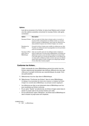 Page 520CUBASE SX/SL
21 – 520 La Bibliothèque
Options
Lors de la conversion d’un fichier, le menu local Options sert à choisir 
une des options suivantes concernant le nouveau fichier créé après 
conversion :
Conformer les fichiers…
Cette commande du menu Bibliothèque permet de rendre tous les 
fichiers sélectionnés (possédant des attributs différents de ceux spé-
cifiés pour le projet) conformes aux caractéristiques du projet. Voici 
ses particularités :
1.Sélectionnez tous les clips dans la Bibliothèque....