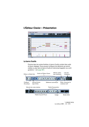 Page 573CUBASE SX/SL
Les éditeurs MIDI 24 – 573
L’Éditeur Clavier – Présentation
La barre d’outils
Comme dans les autres fenêtres, la barre d’outils contient des outils 
et divers réglages. Vous pouvez configurer les éléments qui seront 
visibles ou pas dans la barre d’outils et mémoriser/rappeler vos confi-
gurations – voir page 821.
Afficher/Cacher 
ligne d’infos Éditeur en Mode SoloOutils de l’Éditeur Clavier
Défilement automatiqueFeedback 
Acoustique
Liste des 
conteneursAfficher cadres 
des conteneurs...