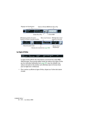 Page 574CUBASE SX/SL
24 – 574 Les éditeurs MIDI
La ligne d’infos
La ligne d’infos affiche des informations concernant les notes MIDI 
sélectionnées. Vous pouvez éditer toutes les valeurs de la ligne d’infos 
par les méthodes habituelles (voir page 591 pour les détails). Les 
valeurs de durée et de position sont affichées dans le format choisi 
pour la règle (voir ci-dessous).
•Pour cacher ou afficher la ligne d’infos, cliquez sur l’icône de la barre 
d’outils.
Options d’Entrée MIDI/Entrée Pas à Pas
Entrée Pas à...