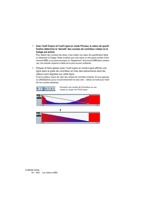 Page 602CUBASE SX/SL
24 – 602 Les éditeurs MIDI
• Avec l’outil Crayon et l’outil Ligne en mode Pinceau, la valeur de quanti-
fication détermine la “densité” des courbes de contrôleur créées (si le 
Calage est activé).
Pour obtenir des courbes très lisses, il faut utiliser une valeur de quantification faible 
ou désactiver le Calage. Notez toutefois que cela créera un très grand nombre d’évé-
nements MIDI, ce qui peut provoquer un “bégaiement” de la lecture MIDI dans certains 
cas. Une densité moyenne à faible...