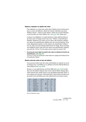 Page 615CUBASE SX/SL
Les éditeurs MIDI 24 – 615
Déplacer, dupliquer ou répéter des notes
Pour déplacer ou copier des notes dans l’éditeur (vers d’autres posi-
tions ou sons de batterie), utilisez les mêmes méthodes que dans 
l’Éditeur Clavier : cliquer et faire glisser, utiliser les touches fléchées 
ou les fonctions du menu Édition, etc., voir page 586. Notez que :
Lorsque vous déplacez ou copiez plusieurs notes sélectionnées en 
les tirant avec le Calage activé mais avec “Utiliser la Quantification 
Globale”...