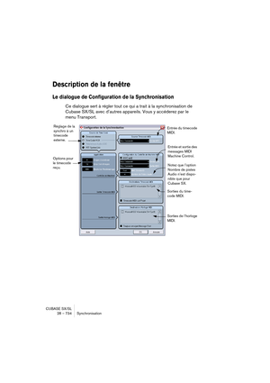 Page 734CUBASE SX/SL
28 – 734 Synchronisation
Description de la fenêtre
Le dialogue de Configuration de la Synchronisation
Ce dialogue sert à régler tout ce qui a trait à la synchronisation de 
Cubase SX/SL avec d’autres appareils. Vous y accéderez par le 
menu Transport.
Réglage de la 
synchro à un 
timecode 
externe.
Options pour 
le timecode 
reçu.Entrée et sortie des 
messages MIDI 
Machine Control.
Notez que l’option 
Nombre de pistes 
Audio n’est dispo-
nible que pour 
Cubase SX.
Sorties de l’horloge...