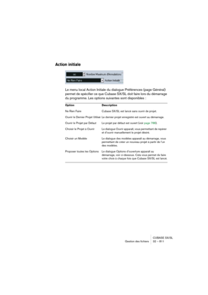 Page 811CUBASE SX/SL
Gestion des fichiers 32 – 811
Action initiale
Le menu local Action Initiale du dialogue Préférences (page Général) 
permet de spécifier ce que Cubase SX/SL doit faire lors du démarrage 
du programme. Les options suivantes sont disponibles :
Option Description
Ne Rien Faire Cubase SX/SL est lancé sans ouvrir de projet.
Ouvrir le Dernier Projet Utilisé Le dernier projet enregistré est ouvert au démarrage.
Ouvrir le Projet par Défaut Le projet par défaut est ouvert (voir page 788).
Choisir le...