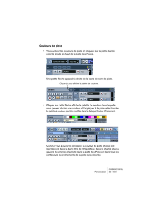 Page 831CUBASE SX/SL
Personnaliser 33 – 831
Couleurs de piste
•Vous activez les couleurs de piste en cliquant sur la petite bande 
colorée située en haut de la Liste des Pistes.
Une petite flèche apparaît à droite de la barre de nom de piste.
•Cliquer sur cette flèche affiche la palette de couleur dans laquelle 
vous pouvez choisir une couleur et l’appliquer à la piste sélectionnée.
La palette de couleurs peut être modifiée dans le dialogue Couleur d’Événement.
Comme vous pouvez le constater, la couleur de piste...