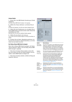 Page 1212
MIDI-Geräte
Cubase Studio:
1.Klicken Sie in der MIDI-Geräte-Verwaltung auf »Gerät 
installieren«.
Der Dialog »Neues MIDI-Gerät hinzufügen« wird angezeigt.
2.Wählen Sie »Neues definieren« und klicken Sie auf 
»OK«.
Ein Dialog wird angezeigt, in dem Sie einen Namen festlegen können.
3.Geben Sie einen Gerätenamen ein und geben Sie an, 
welche MIDI-Kanäle verwendet werden sollen. Klicken Sie 
anschließend auf »OK«.
Das Gerät wird in der Liste der installierten Geräte angezeigt.
4.Wählen Sie das Gerät in...