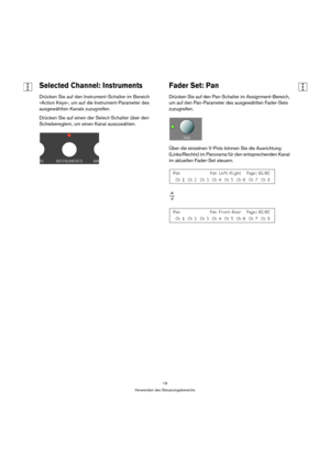 Page 1919
Verwenden des Steuerungsbereichs
Selected Channel: Instruments
Drücken Sie auf den Instrument-Schalter im Bereich 
»Action Keys«, um auf die Instrument-Parameter des 
ausgewählten Kanals zuzugreifen. 
Drücken Sie auf einen der Select-Schalter über den 
Schiebereglern, um einen Kanal auszuwählen. 
Fader Set: Pan
Drücken Sie auf den Pan-Schalter im Assignment-Bereich, 
um auf den Pan-Parameter des ausgewählten Fader-Sets 
zuzugreifen.
Über die einzelnen V-Pots können Sie die Ausrichtung 
(Links/Rechts)...
