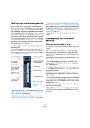 Page 139139
Der Mixer
Die Eingangs- und Ausgangskanäle
Die im Fenster »VST-Verbindungen« eingerichteteten 
Busse werden im Mixer als Eingangs- bzw. Ausgangska-
näle angezeigt. Sie sind in unterschiedlichen Mixer-Berei-
chen angeordnet (rechts bzw. links neben den normalen 
Mixer-Kanalzügen). Diese Mixer-Bereiche können mit den 
Fensterteilern auf die gewünschte Größe gezogen werden 
und verfügen über separate Bildlaufleisten. Die Eingangs- 
bzw. Ausgangskanalzüge sind den anderen Audiokanalzü-
gen sehr ähnlich...