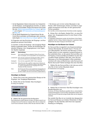 Page 1717
VST-Verbindungen: Einrichten von Ein- und Ausgangsbussen
 Auf der Registerkarte »Externe Instrumente« (nur Cubase) kön-
nen Sie Eingangs- und Ausgangsbusse einrichten, um externe 
Instrumente anzuschließen. Weitere Informationen hierzu finden 
Sie unter »Externe Instrumente/Effekte (nur Cubase)« auf Seite 
21 und im Kapitel »VST-Instrumente und Instrumentenspuren« 
auf Seite 199.
 Auf der Studio-Registerkarte (nur Cubase) können Sie den 
Control Room einschalten und Einstellungen dafür vornehmen...