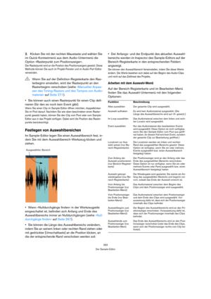 Page 263263
Der Sample-Editor
2.Klicken Sie mit der rechten Maustaste und wählen Sie 
im Quick-Kontextmenü aus dem Audio-Untermenü die 
Option »Rasterpunkt zum Positionszeiger«.
Der Rasterpunkt wird an die Position des Positionszeigers gesetzt. Diese 
Methode können Sie auch im Projekt-Fenster und im Audio-Part-Editor 
verwenden.
Sie können auch einen Rasterpunkt für einen Clip defi-
nieren (für den es noch kein Event gibt).
Wenn Sie einen Clip im Sample-Editor öffnen möchten, doppelklicken 
Sie im Pool darauf....