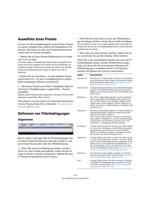 Page 414414
Der projektbezogene Logical-Editor
Auswählen eines Presets
Um sich mit dem projektbezogenen Logical-Editor vertraut 
zu machen, probieren Sie zunächst die mitgelieferten Pre-
sets aus. Sie können sie über das Presets-Einblendmenü 
rechts unten im Fenster auswählen.
Wählen Sie aus dem Presets-Einblendmenü ein Preset 
aus, um es zu laden.
Im Fenster werden die Einstellungen dieses Presets angezeigt. Da ein 
Preset nicht sofort ausgeführt wird, können Sie die Einstellungen ver-
schiedener Presets...