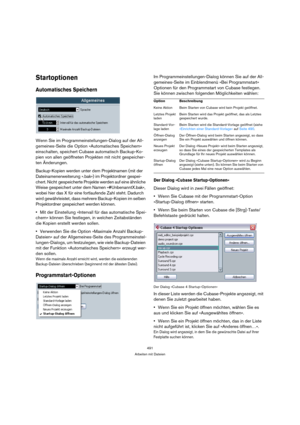 Page 491491
Arbeiten mit Dateien
Startoptionen
Automatisches Speichern
Wenn Sie im Programmeinstellungen-Dialog auf der All-
gemeines-Seite die Option »Automatisches Speichern« 
einschalten, speichert Cubase automatisch Backup-Ko-
pien von allen geöffneten Projekten mit nicht gespeicher-
ten Änderungen.
Backup-Kopien werden unter dem Projektnamen (mit der 
Dateinamenerweiterung ».bak«) im Projektordner gespei-
chert. Nicht gespeicherte Projekte werden auf eine ähnliche 
Weise gespeichert unter dem Namen...