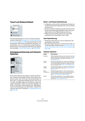 Page 573573
Notensystemeinstellungen
Tonart und Notenschlüssel
Die Grundeinstellungen für Tonart und Notenschlüssel 
werden im Abschnitt »Festlegen von Tonart, Notenschlüs-
sel und Taktart« auf Seite 536 genau beschrieben. Auf der 
Notensystem-Seite finden Sie außerdem die Option »Un-
teres System«, die nur in Verbindung mit Split-Systemen 
(Klaviernotation) und polyphoner Stimmführung angewen-
det wird (siehe »In einem Split-System« auf Seite 539).
Anzeigequantisierung und Interpret. 
Optionen
Diese beiden...