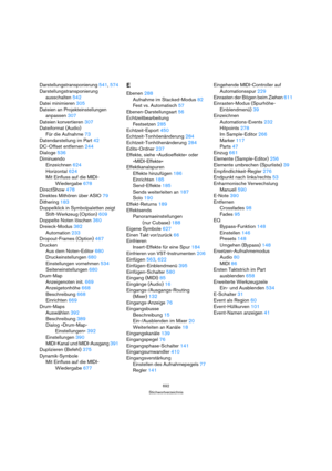 Page 692692
Stichwortverzeichnis
Darstellungstransponierung 541, 574
Darstellungstransponierung 
ausschalten 542
Datei minimieren 305
Dateien an Projekteinstellungen 
anpassen 307
Dateien konvertieren 307
Dateiformat (Audio)
Für die Aufnahme 73
Datendarstellung im Part 42
DC-Offset entfernen 244
Dialoge 536
Diminuendo
Einzeichnen 624
Horizontal 624
Mit Einfluss auf die MIDI-
Wiedergabe 678
DirectShow 478
Direktes Mithören über ASIO 79
Dithering 183
Doppelklick in Symbolpaletten zeigt 
Stift-Werkzeug (Option)...