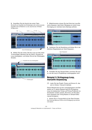 Page 173173
Lehrgang 8: Bearbeiten von Audiomaterial II – Tempo und Groove
5.Vergrößern Sie die Ansicht des ersten Takts.
Sie können zum Vergrößern den Schieberegler unten rechts verwenden. 
Vergrößern Sie die Wellenform so weit, dass Sie etwa 18 Shaker-
Schläge sehen.
6.Wählen Sie den ersten Takt der Loop aus (die ersten 
16 Anschläge). Aktivieren Sie die Option »Auswahl als 
Loop wiedergeben« und klicken Sie auf den Wiedergabe-
Schalter.7.Möglicherweise müssen Sie das Ende des Loop-Be-
reichs anpassen, damit...