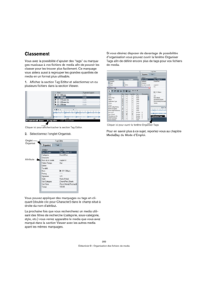 Page 283283
Didacticiel 9 : Organisation des fichiers de media
Classement
Vous avez la possibilité d’ajouter des “tags” ou marqua-
ges musicaux à vos fichiers de media afin de pouvoir les 
classer pour les trouver plus facilement. Ce marquage 
vous aidera aussi à regrouper les grandes quantités de 
media en un format plus utilisable.
1.Affichez la section Tag Editor et sélectionnez un ou 
plusieurs fichiers dans la section Viewer.
2.Sélectionnez l’onglet Organisé.
Vous pouvez appliquer des marquages ou tags en...