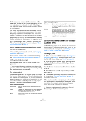 Page 2020
MIDI devices
At the top you can see and edit the node name. In the 
Views area, you see the list of panels assigned to the cur-
rent node. Using the buttons to the right of the list, you 
can add a new (blank) panel to a node and edit or remove 
an existing panel. 
The way to reach a particular panel or subpanel is to se-
lect a node in the device structure area, and then select 
the desired panel in the Views window area. If you click 
the Edit Panel button, the panel will open in the edit area....
