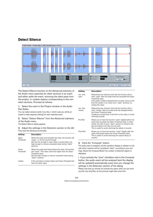 Page 229229
Audio processing and functions
Detect Silence
The Detect Silence function on the Advanced submenu of 
the Audio menu searches for silent sections in an event 
and either splits the event, removing the silent parts from 
the project, or creates regions corresponding to the non-
silent sections. Proceed as follows:
1.Select the event in the Project window or the Audio 
Part Editor.
You can select several events if you like, in which case you will be al-
lowed to make separate settings for each selected...