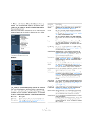 Page 3030
The Project window
ÖPlease note that not all Inspector tabs are shown by 
default. You can show/hide Inspector sections by right-
clicking on an Inspector tab and activating/deactivating 
the desired option(s).
Make sure you right-click on an inspector tab and not on the empty area 
below the Inspector, as this will open the Quick context menu instead.
The Inspector Setup context menu.
Sections
The Inspector contains the controls that can be found on 
the Track list, plus some additional buttons and...