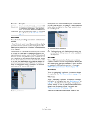 Page 3131
The Project window
Audio tracks
For audio tracks, all settings and sections listed above are 
available.
User Panels for audio tracks (Cubase only) can display 
panels for channel controls (such as input phase or the 
linked panner option) or for VST effects currently inserted 
in the channel.
User Panels for audio tracks (Cubase only) are accessed 
by clicking the Open Device Panels button (found in the 
topmost Inspector section, next to the Read/Write buttons). 
This opens up a menu listing all the...