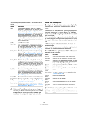 Page 3636
The Project window
The following settings are available in the Project Setup 
dialog:Zoom and view options
Zooming in the Project window is done according to the 
standard zoom techniques, with the following special 
notes:
When you are using the Zoom tool (magnifying glass), 
the result depends on the option “Zoom Tool Standard 
Mode: Horizontal Zooming Only” in the Preferences (Edit-
ing–Tools page).
If this is activated and you drag a selection rectangle with the Zoom tool, 
the window will only be...