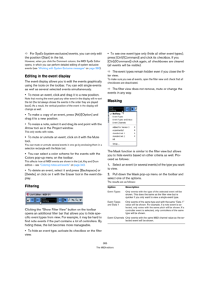 Page 365365
The MIDI editors
ÖFor SysEx (system exclusive) events, you can only edit 
the position (Start) in the list.
However, when you click the Comment column, the MIDI SysEx Editor 
opens, in which you can perform detailed editing of system exclusive 
events (see “Working with System Exclusive messages” on page 390).
Editing in the event display
The event display allows you to edit the events graphically 
using the tools on the toolbar. You can edit single events 
as well as several selected events...