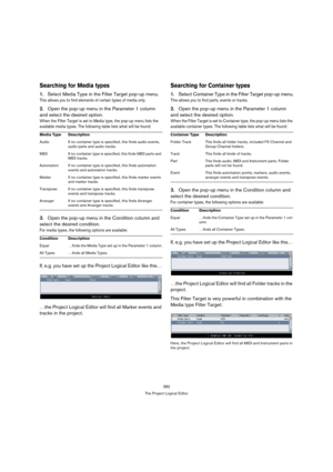 Page 382382
The Project Logical Editor
Searching for Media types
1.Select Media Type in the Filter Target pop-up menu.
This allows you to find elements of certain types of media only. 
2.Open the pop-up menu in the Parameter 1 column 
and select the desired option.
When the Filter Target is set to Media type, the pop-up menu lists the 
available media types. The following table lists what will be found:
3.Open the pop-up menu in the Condition column and 
select the desired condition. 
For media types, the...