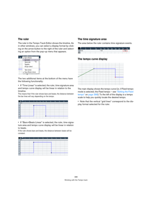 Page 396396
Working with the Tempo track
The ruler
The ruler in the Tempo Track Editor shows the timeline. As 
in other windows, you can select a display format by click-
ing on the arrow button to the right of the ruler and select-
ing an option from the pop-up menu that appears.
The two additional items at the bottom of the menu have 
the following functionality:
If “Time Linear” is selected, the ruler, time signature area 
and tempo curve display will be linear in relation to the 
timeline.
This means that if...