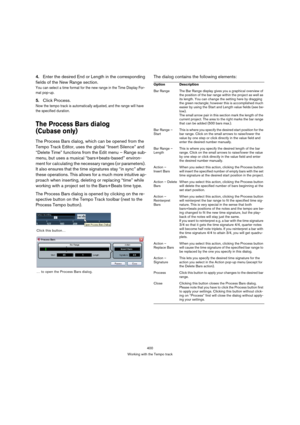 Page 400400
Working with the Tempo track
4.Enter the desired End or Length in the corresponding 
fields of the New Range section.
You can select a time format for the new range in the Time Display For-
mat pop-up.
5.Click Process.
Now the tempo track is automatically adjusted, and the range will have 
the specified duration.
The Process Bars dialog 
(Cubase only)
The Process Bars dialog, which can be opened from the 
Tempo Track Editor, uses the global “Insert Silence” and 
“Delete Time” functions from the Edit...