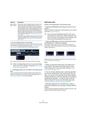 Page 4747
The Project window
Use the Nudge buttons in the toolbar.
These move the selected events to the left or right. The amount of move-
ment depends on the selected display format (see “The Project Setup di-
alog” on page 35) and the value set on the Grid pop-up menu.
Here, clicking this button will move the event 2 frames to the right.
ÖThe Nudge buttons are not visible in the toolbar by de-
fault. 
You can decide which items should be visible by right-clicking in the 
toolbar and checking them in the...