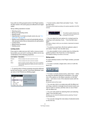 Page 5151
The Project window
If you edit one of the grouped events in the Project window, 
all other events in the same group are affected too (if appli-
cable). 
Group editing operations include:
 Selecting events.
 Moving and duplicating events.
 Resizing events.
 Adjusting fade-in and fade-out (audio events only, see “Cre-
ating fades” on page 88).
 Splitting events (splitting one event will automatically split any 
other grouped events that are intersected by the split position).
 Locking events.
 Muting...