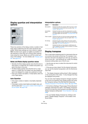 Page 529534
Staff settings
Display quantize and interpretation 
options
These two sections of the dialog contain a number of set-
tings used to determine how the notes should be inter-
preted. While these settings are more critical to making 
MIDI recorded music appear as legible as possible it is 
still important to have them set correctly when entering 
notes using the mouse. Below you will find a brief sum-
mary of the settings – for more details, see “Display quan-
tize” on page 510.
Notes and Rests display...