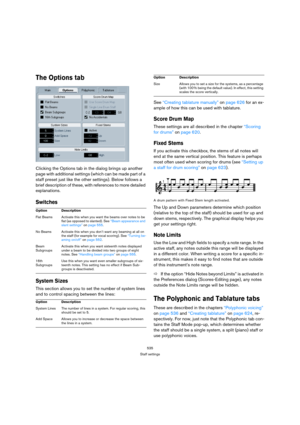 Page 530535
Staff settings
The Options tab
Clicking the Options tab in the dialog brings up another 
page with additional settings (which can be made part of a 
staff preset just like the other settings). Below follows a 
brief description of these, with references to more detailed 
explanations.
Switches
System Sizes
This section allows you to set the number of system lines 
and to control spacing between the lines:See “Creating tablature manually” on page 626 for an ex-
ample of how this can be used with...