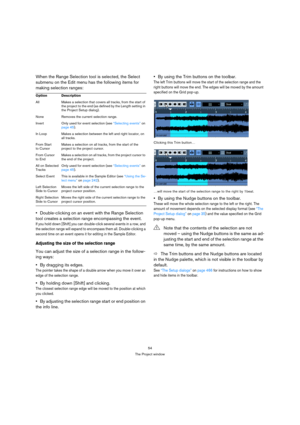 Page 5454
The Project window
When the Range Selection tool is selected, the Select 
submenu on the Edit menu has the following items for 
making selection ranges:
Double-clicking on an event with the Range Selection 
tool creates a selection range encompassing the event.
If you hold down [Shift] you can double-click several events in a row, and 
the selection range will expand to encompass them all. Double-clicking a 
second time on an event opens it for editing in the Sample Editor.
Adjusting the size of the...