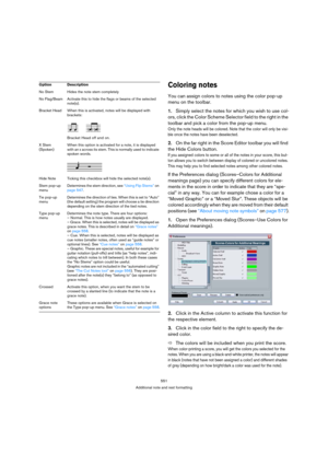 Page 546551
Additional note and rest formatting
Coloring notes
You can assign colors to notes using the color pop-up 
menu on the toolbar.
1.Simply select the notes for which you wish to use col-
ors, click the Color Scheme Selector field to the right in the 
toolbar and pick a color from the pop-up menu.
Only the note heads will be colored. Note that the color will only be visi-
ble once the notes have been deselected.
2.On the far right in the Score Editor toolbar you will find 
the Hide Colors button.
If you...