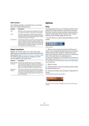 Page 5656
The Project window
Other functions
On the Range submenu on the Edit menu, you will find 
three more range editing functions:
Region operations
Regions are sections within a clip, with various uses. 
While regions are perhaps best created and edited in the 
Sample Editor (see “Working with regions” on page 244), 
the following region functions are available in the Ad-
vanced submenu of the Audio menu:
Options
Snap
The Snap function helps you to find exact positions when 
editing in the Project window....