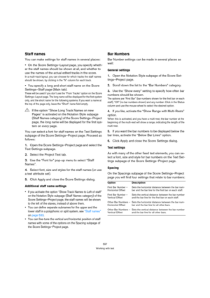 Page 592597
Working with text
Staff names
You can make settings for staff names in several places:
On the Score Settings–Layout page, you specify wheth-
er the staff names should be shown at all, and whether to 
use the names of the actual edited tracks in the score.
In a multi-track layout, you can choose for which tracks the staff names 
should be shown, by clicking in the “N” column for each track.
You specify a long and short staff name on the Score 
Settings–Staff page (Main tab).
These will be used if you...