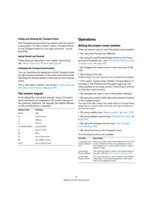 Page 6161
Playback and the Transport panel
Hiding and showing the Transport Panel
The Transport panel is shown by default when you launch 
a new project. To hide or show it, select “Transport Panel” 
on the Transport menu (or use a key command – by de-
fault [F2]).
About Preroll and Postroll
These items are described in the chapter “Recording”, 
see “About Preroll and Postroll” on page 84.
Changing the Transport panel setup
You can customize the appearance of the Transport panel 
by right-clicking anywhere on...