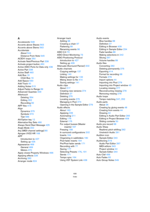 Page 635635
Index
A
Accelerando 548
Accents above Staves 563
Accents above Stems 563
Accidentals
About 544
Distance From Note 545
ACID® loops 250
Activate Next/Previous Part 338
Activate project button 450
Active ASIO Ports for Data only 436
Active Part 338
Active Staff 493
Add Bus 16
Child Bus 16
Add Space 530
Add Track 40
Adding Notes 515
Adjust Fades to Range 89
Advanced Quantize 329
Aftertouch
Deleting 354
Editing 352
Recording 82
AIFF files 415
Align
Dynamics 575
Symbols 573
Text 586
Alt/Option key 12...