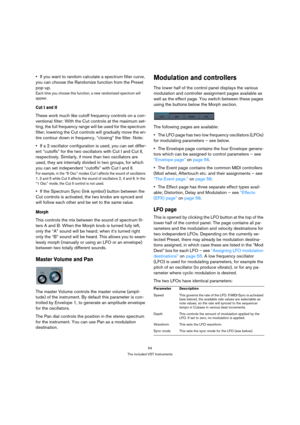 Page 5454
The included VST Instruments
If you want to random calculate a spectrum filter curve, 
you can choose the Randomize function from the Preset 
pop-up.
Each time you choose this function, a new randomized spectrum will 
appear.
Cut I and II
These work much like cutoff frequency controls on a con-
ventional filter: With the Cut controls at the maximum set-
ting, the full frequency range will be used for the spectrum 
filter; lowering the Cut controls will gradually move the en-
tire contour down in...